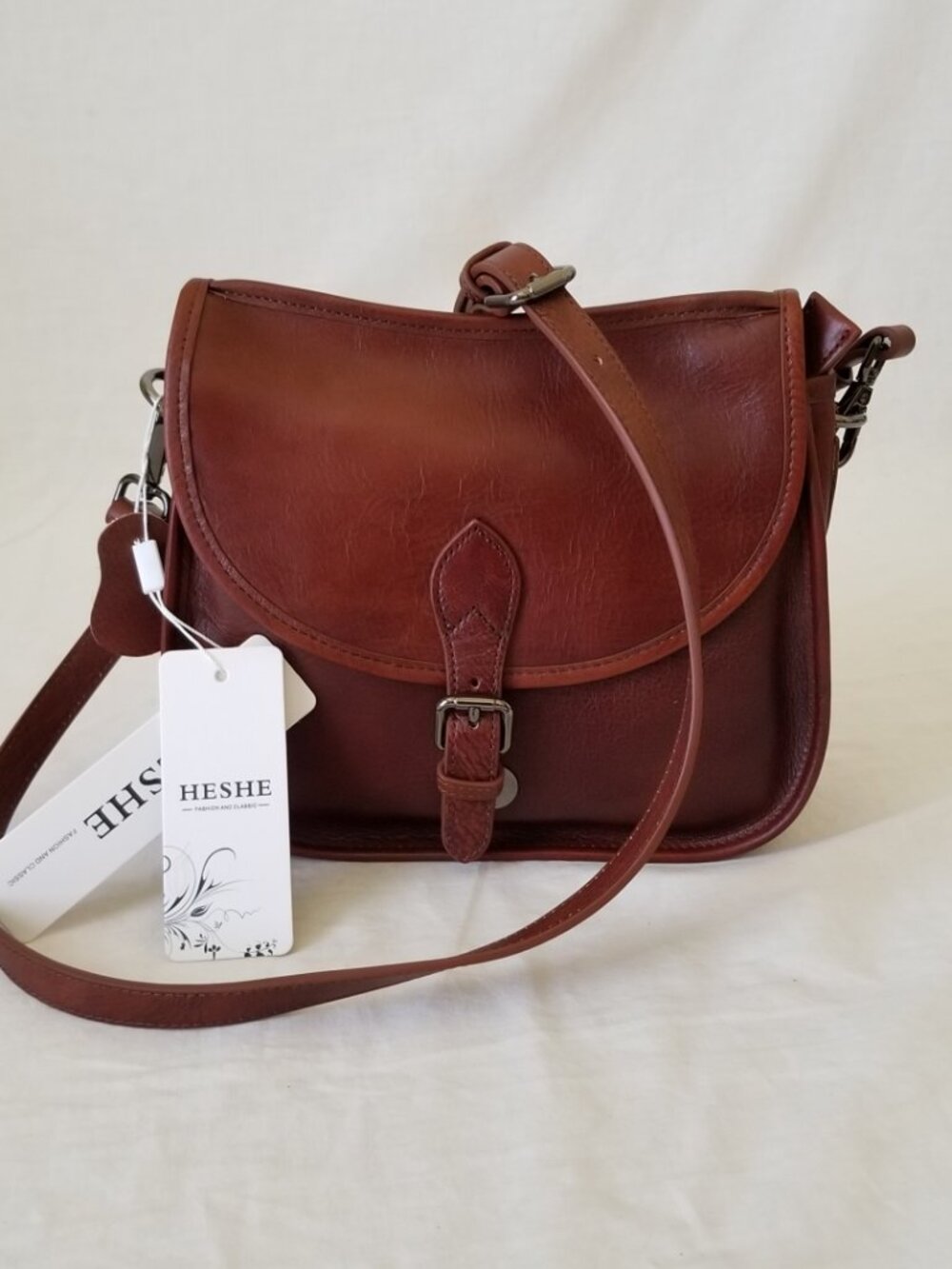 NWT! Heshe Genuine Leather Shoulder Bag Purse with Detachable Strap